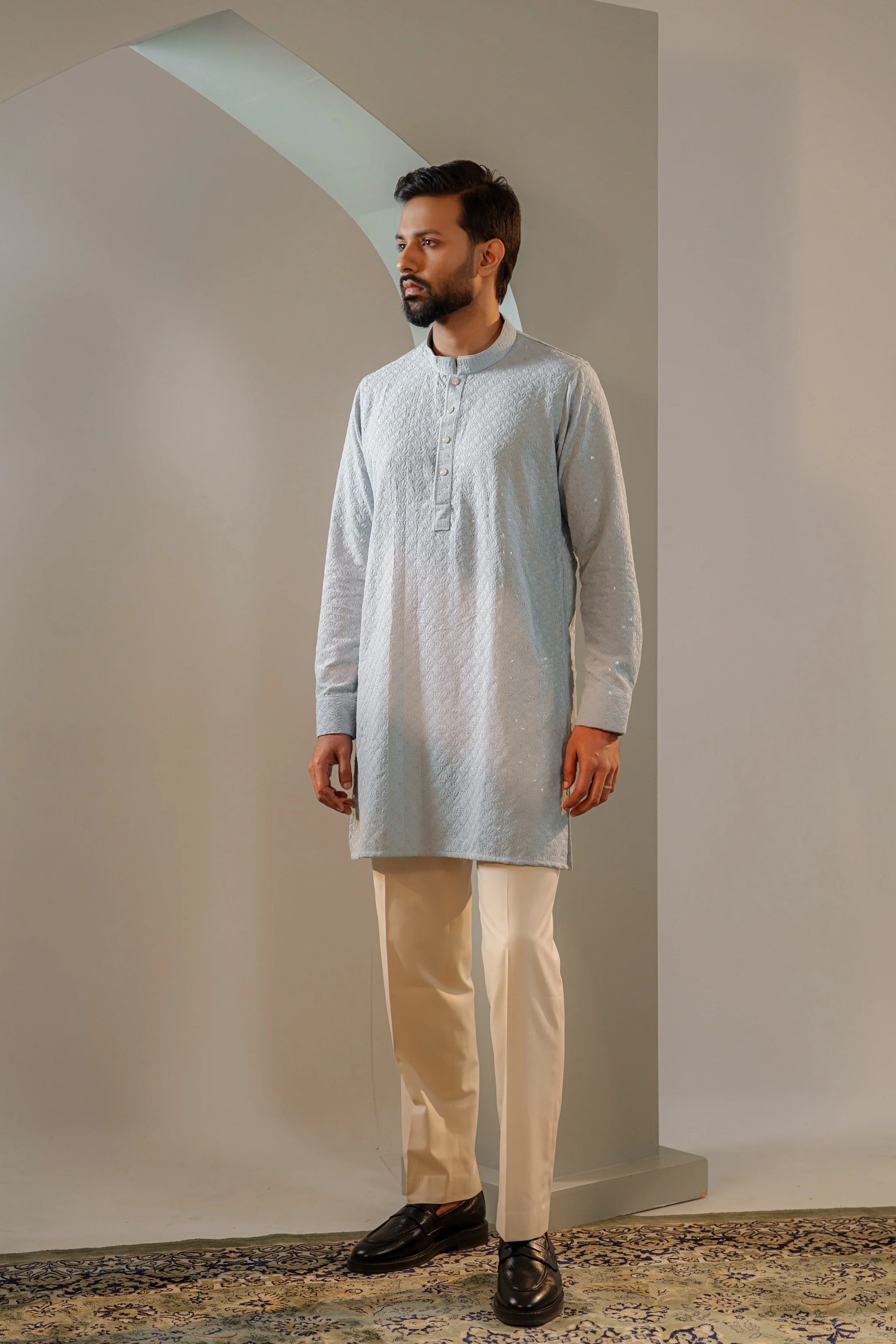 Ayaaz Embroidered Panjabi – Steel Blue - Image 4