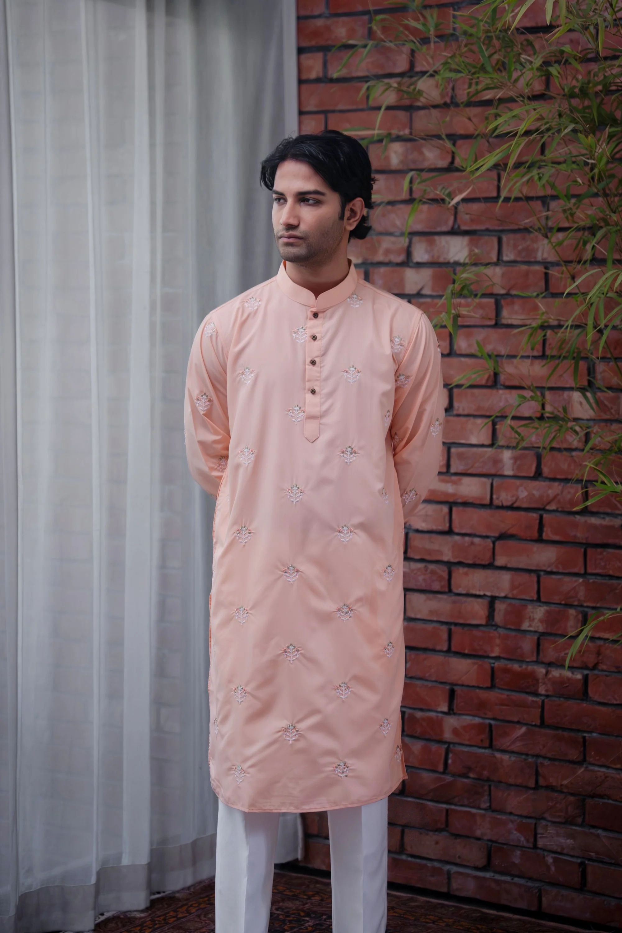 Emir Embroidered Panjabi in Apricot - Image 3