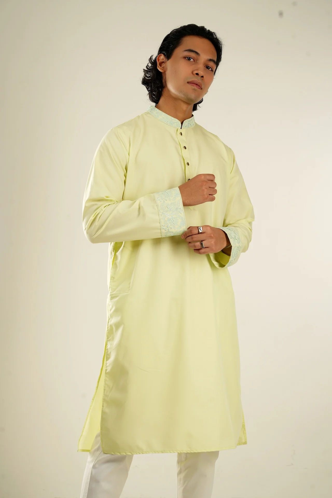 Shehzada Embroidered Panjabi in Pale Green - Image 3