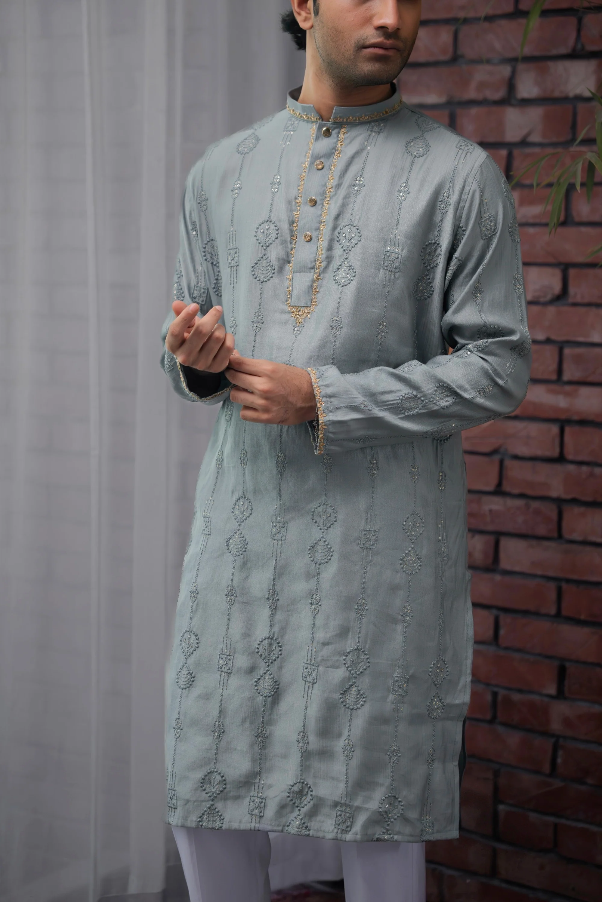 Nayab Embroidered Panjabi in Steel Blue - Image 4