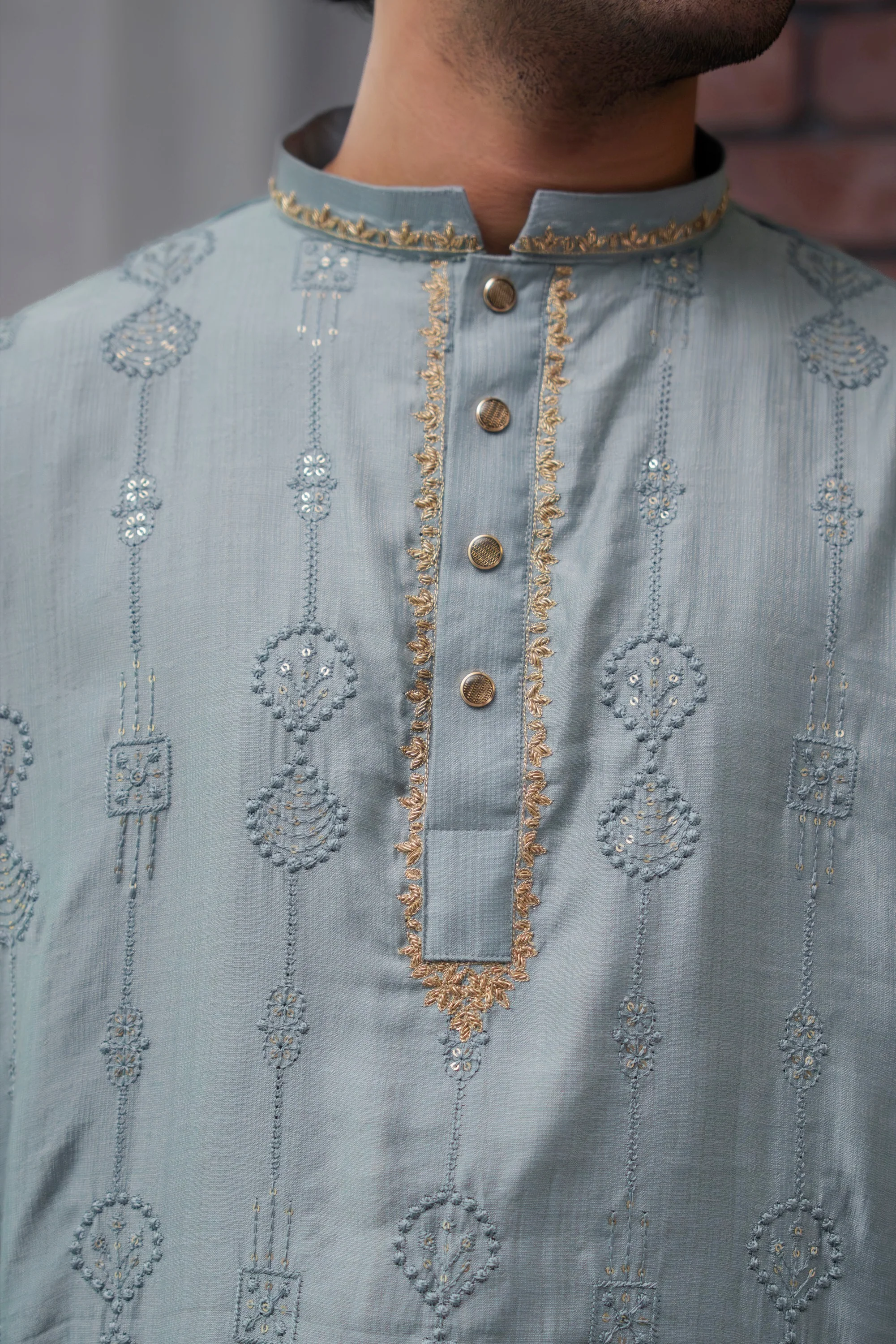 Nayab Embroidered Panjabi in Steel Blue - Image 5