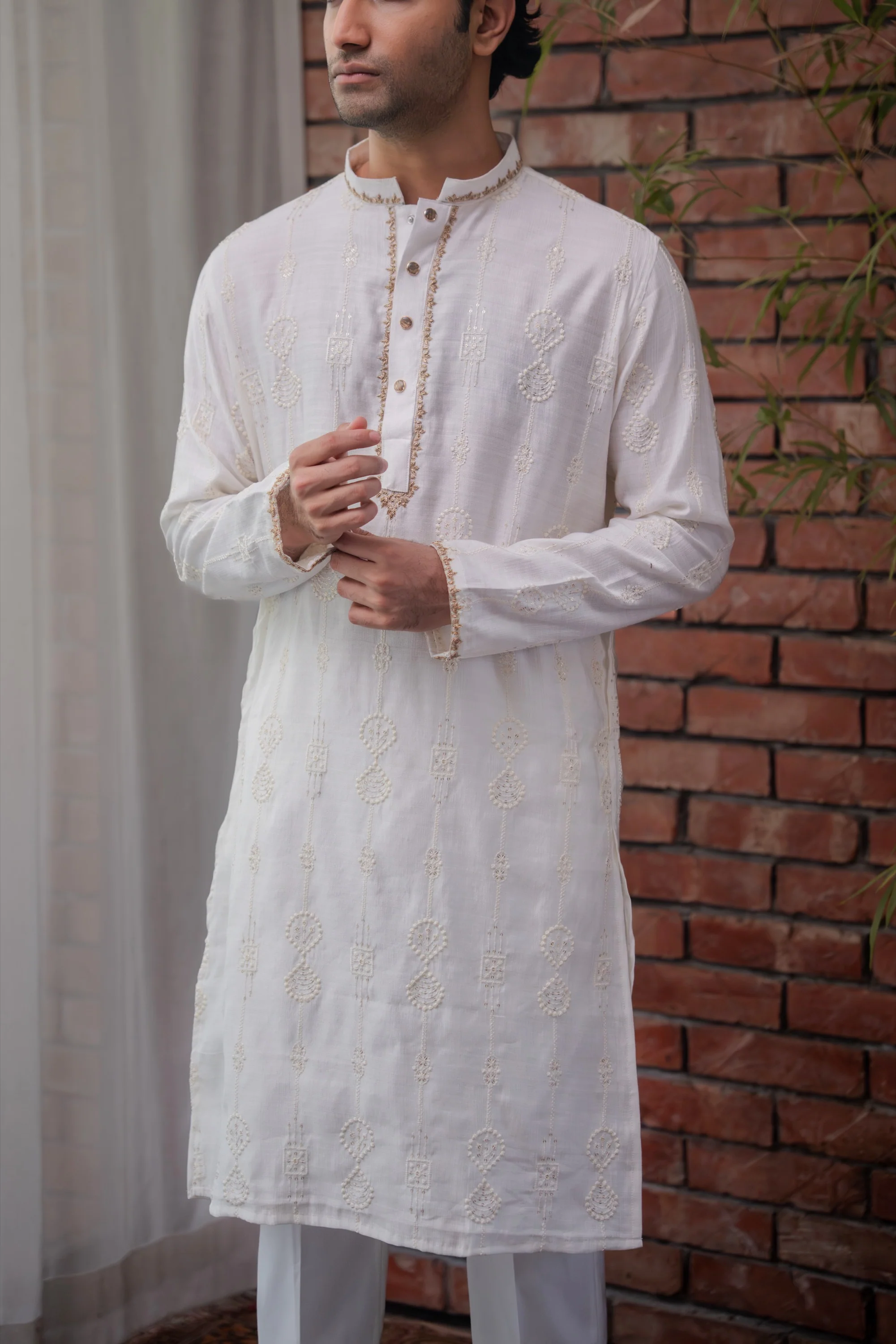 Nayab Embroidered Panjabi in Porcelain White - Image 5