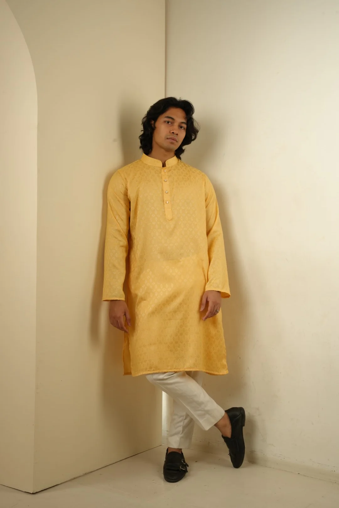 Nahyan Jacquard Panjabi in Matte Gold - Image 3