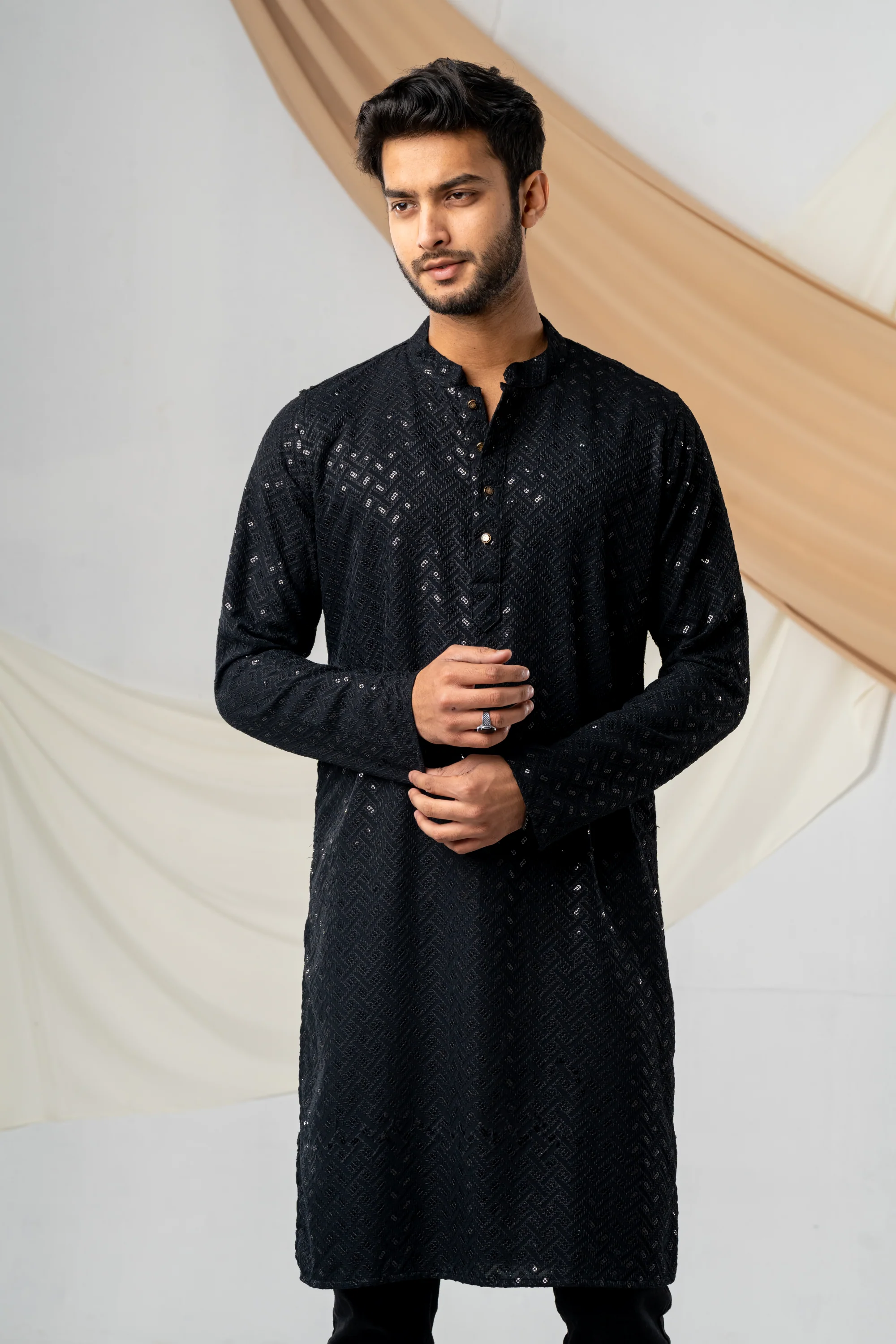 Feisal Embroidered  Punjabi in Jet Black - Image 4