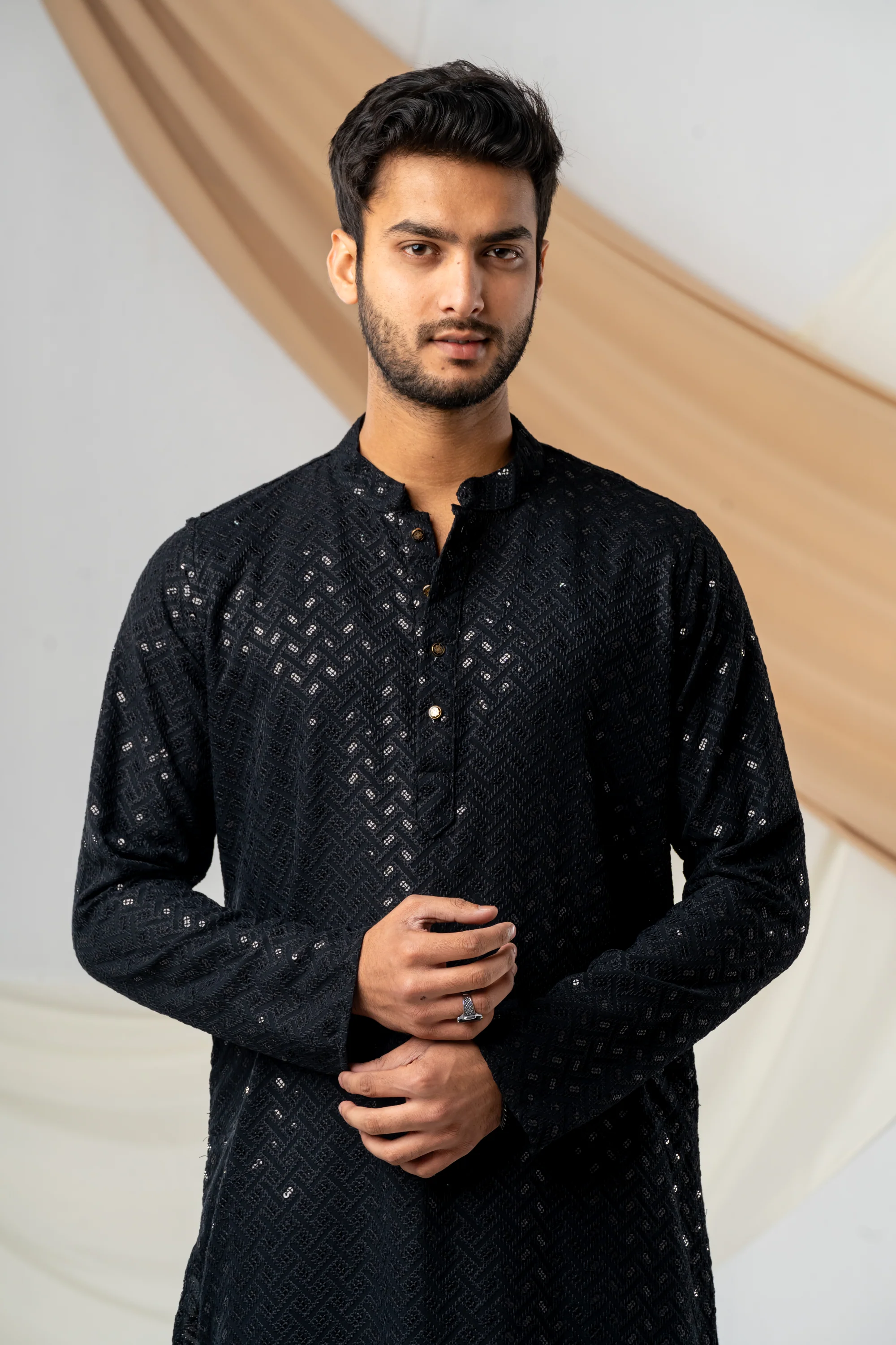 Feisal Embroidered  Punjabi in Jet Black - Image 5