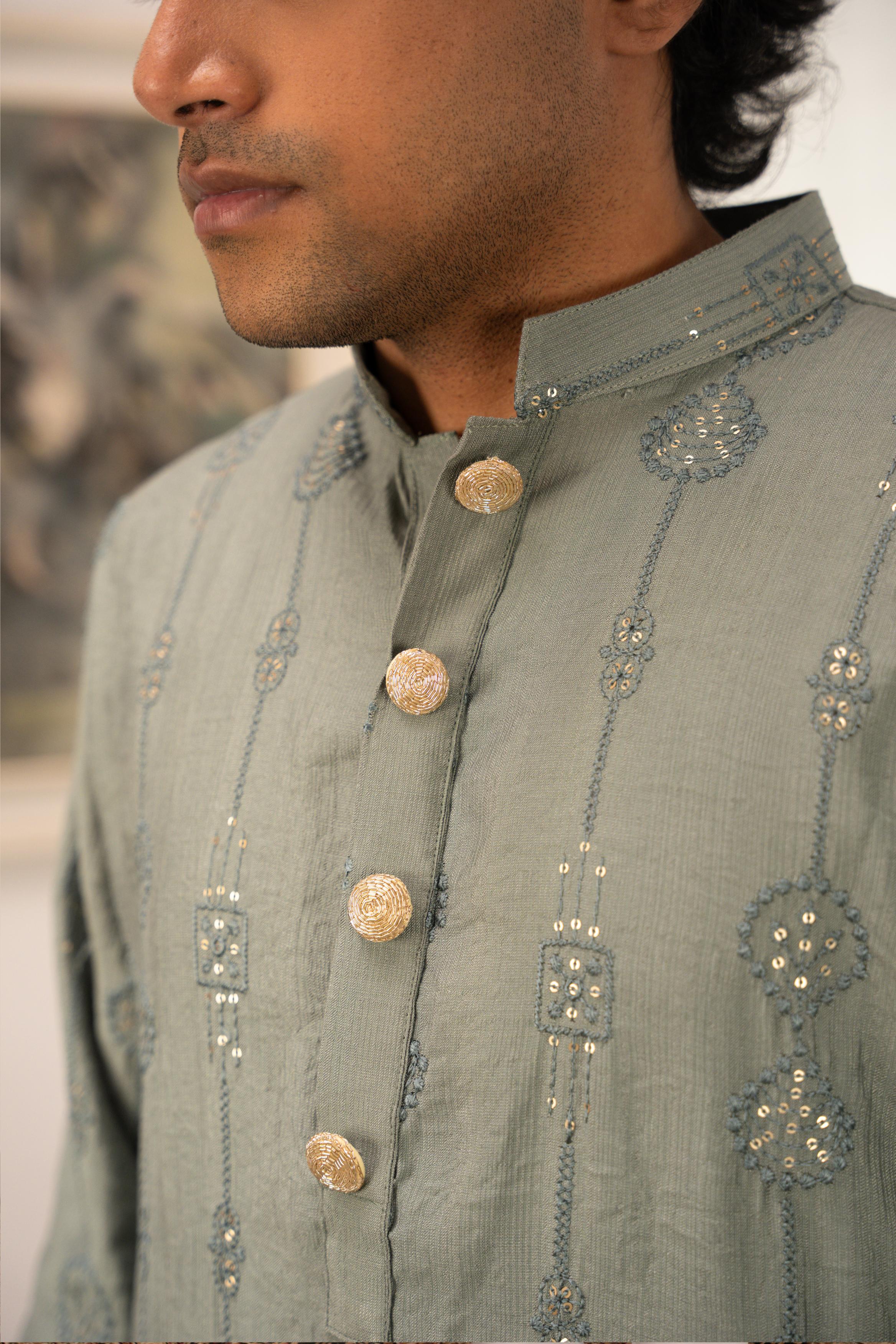 Rehman Embroidered Green Panjabi with Gold Buttons - Image 2