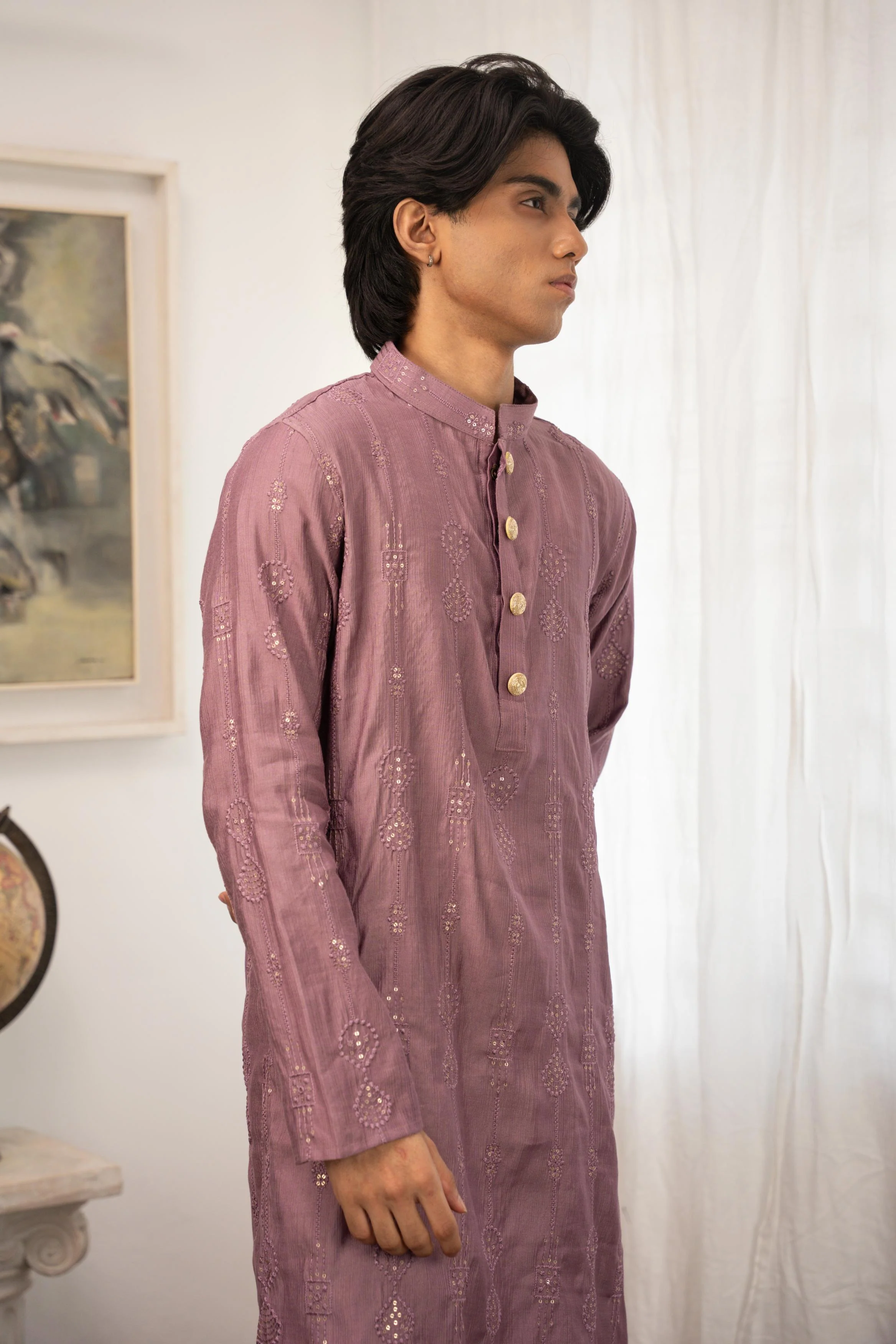 Rehman Embroidered Mauve Panjabi with Gold Buttons - Image 7