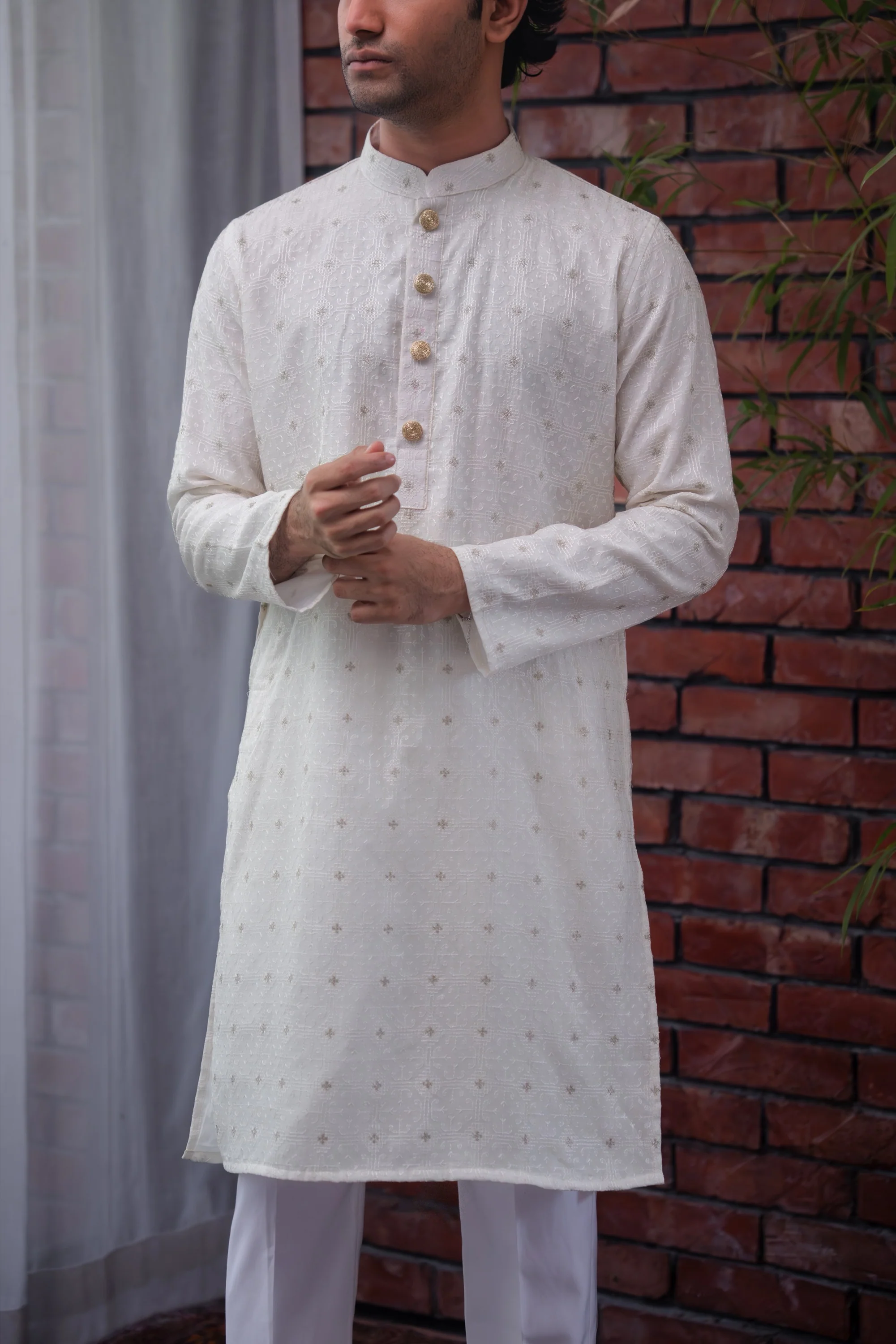 Aydan Embroidered Panjabi in Pearl White - Image 3