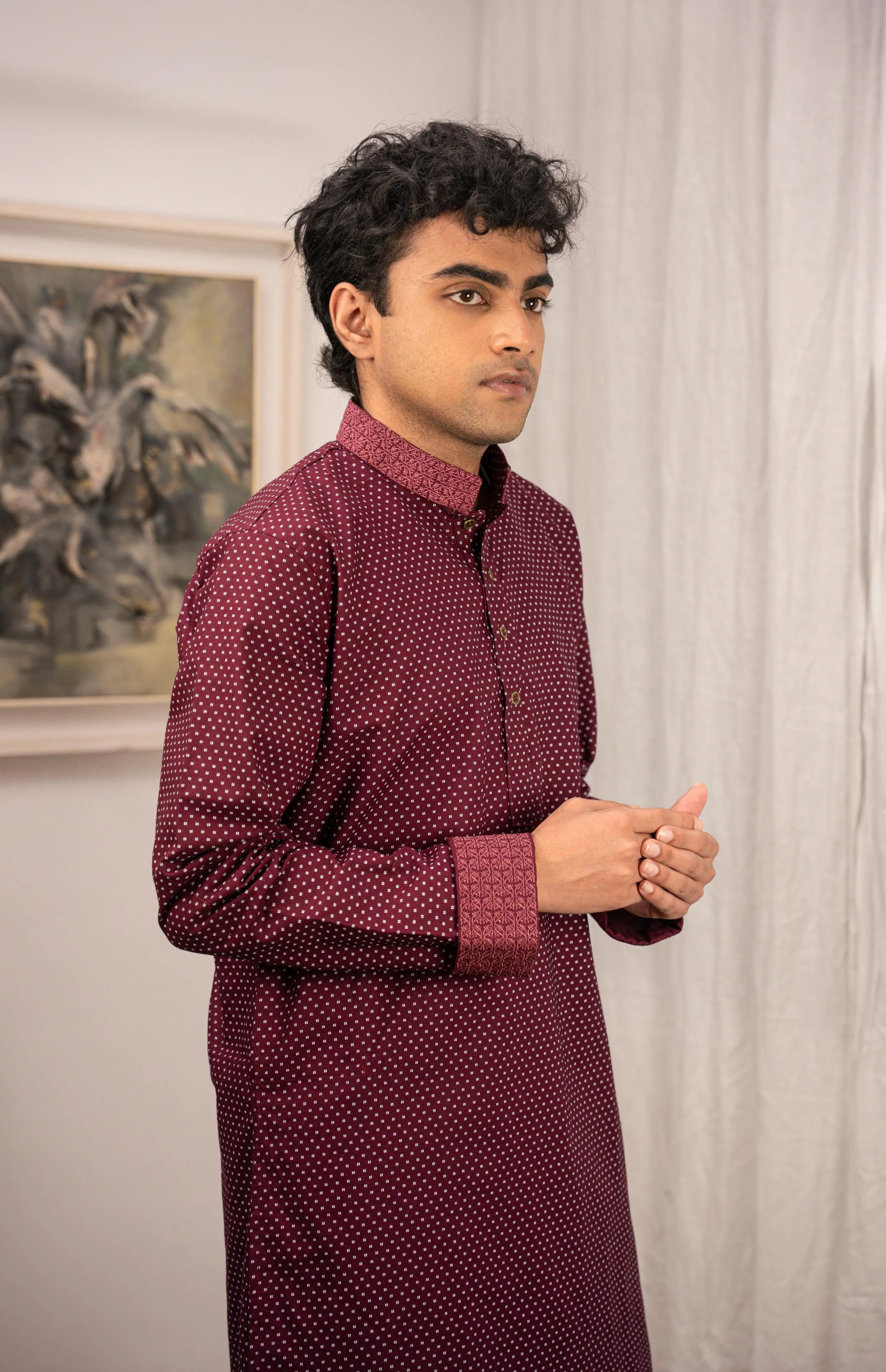Zehran Burgundy Embroidered Panjabi - Image 3